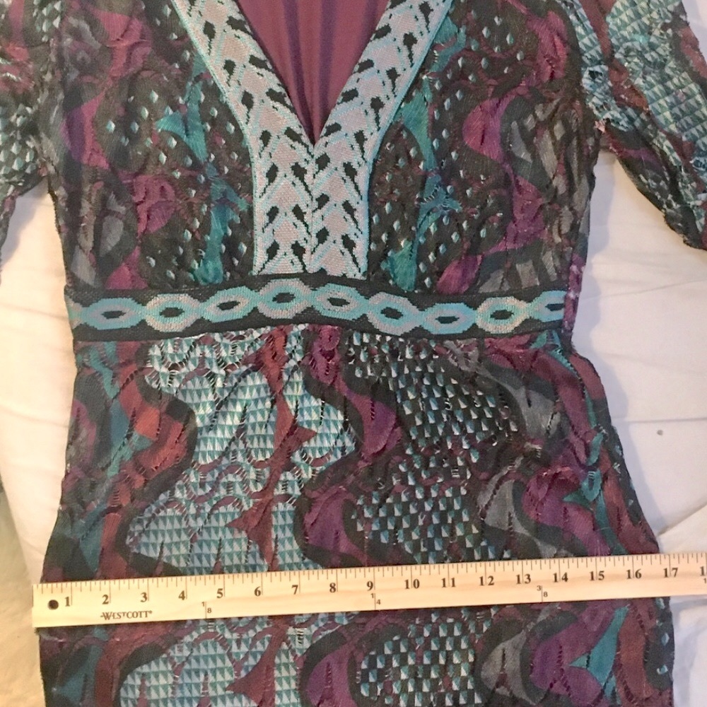 HALE BOB long-sleeve V-neck blue purple midi dress Lace Geometric Stretch Jewel - Picture 8 of 11